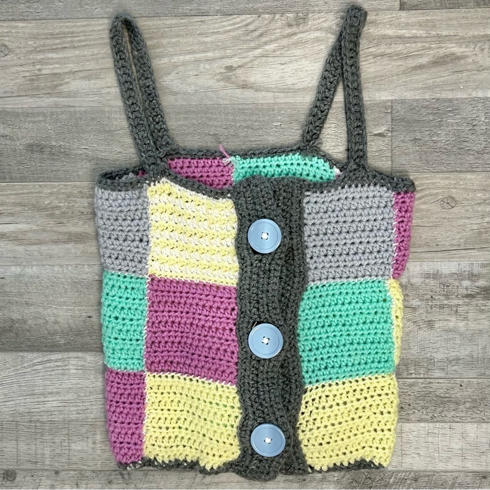 Handmade Crochet Patchwork Button Front Tank Top Fits XS/Small Festival E2